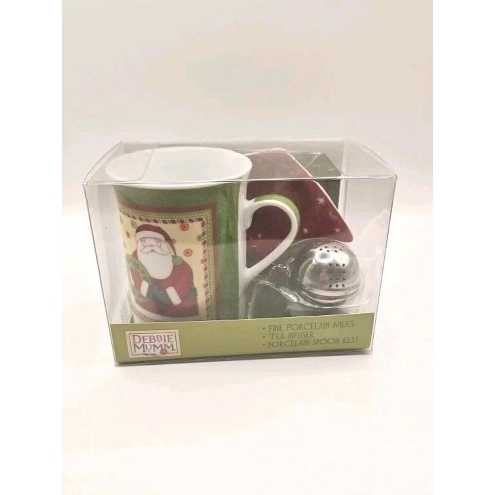 Debbie Mumm Santa Claus Fine Porcelain Mug Spoon Rest & Tea Infuser Gift set NEW
